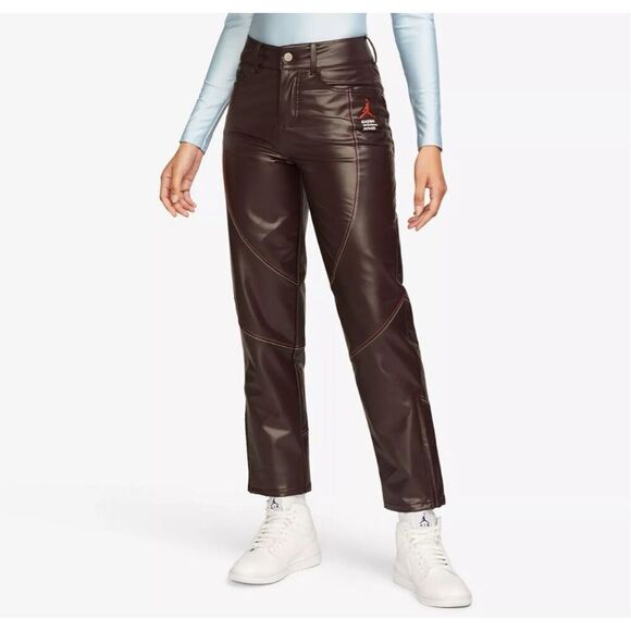 Nike Jordan Brown Maison Château Rouge Pleather Woven Trousers Pants Size 8 NWT - Picture 1 of 10